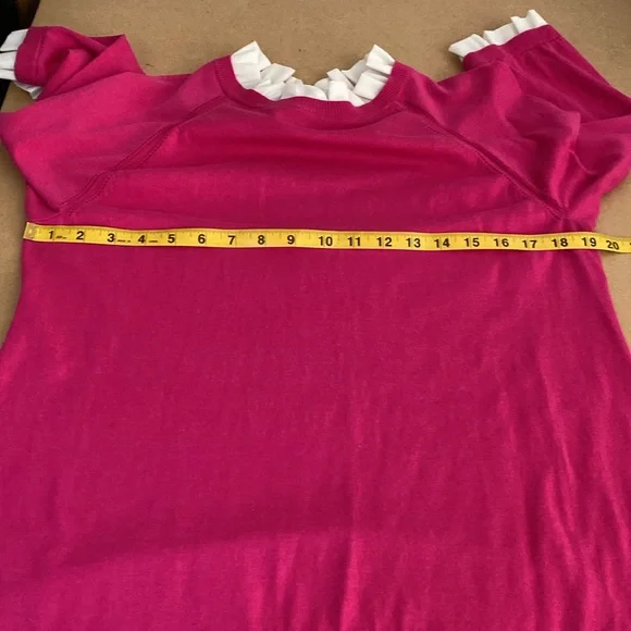 Talbots Pink Sweater with White Ruffle Detailing at Neck and Sleeves. Large - Picture 3 of 8
